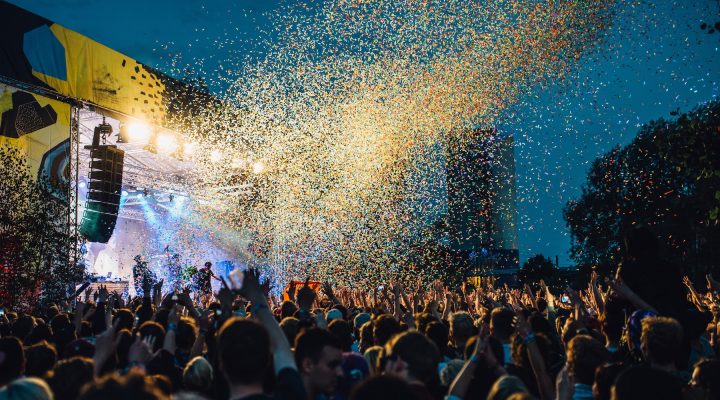 Confetti in the air at an outdoor concert