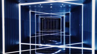 LED tape lighting up a blue hallways
